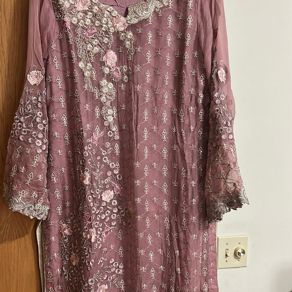 Pakistani pure chiffon Embroidered Pink and Silver Dress